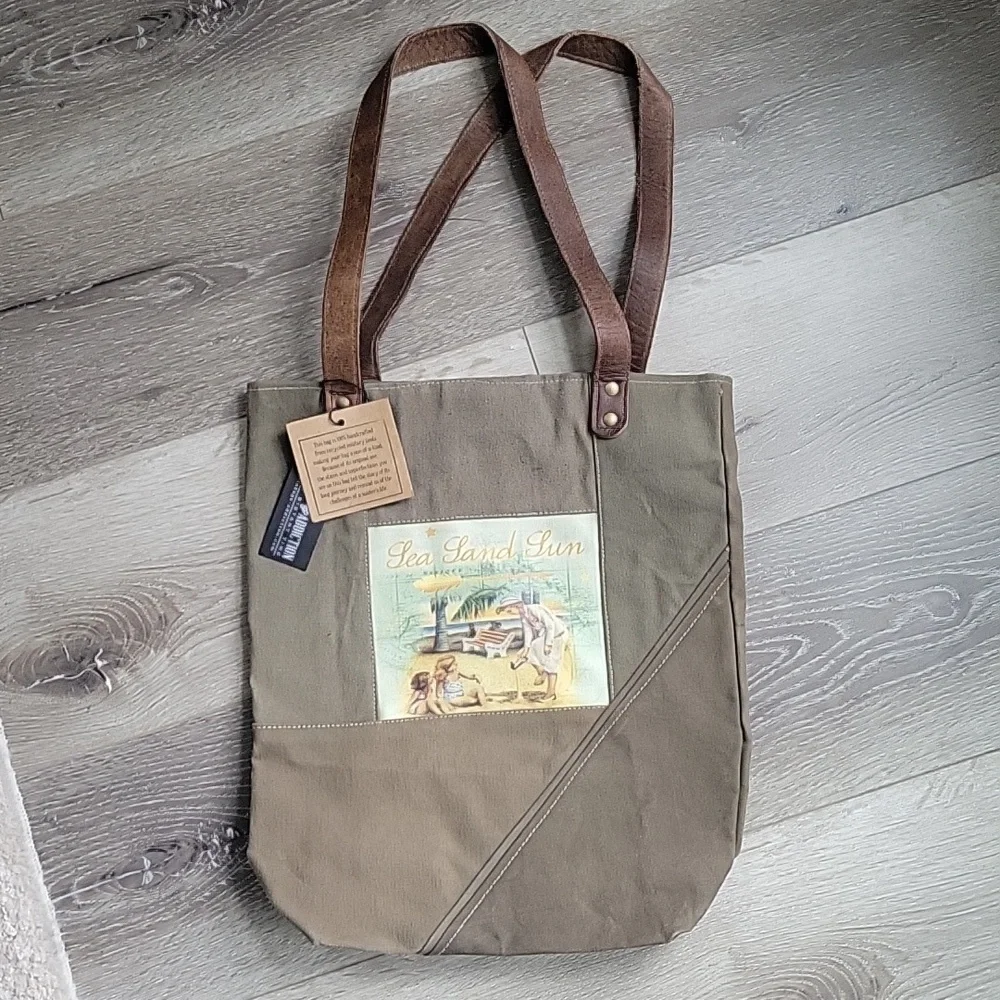 Sea Sand Sun Vintage Like Scene  Recycled Military Canvas Tent Tote